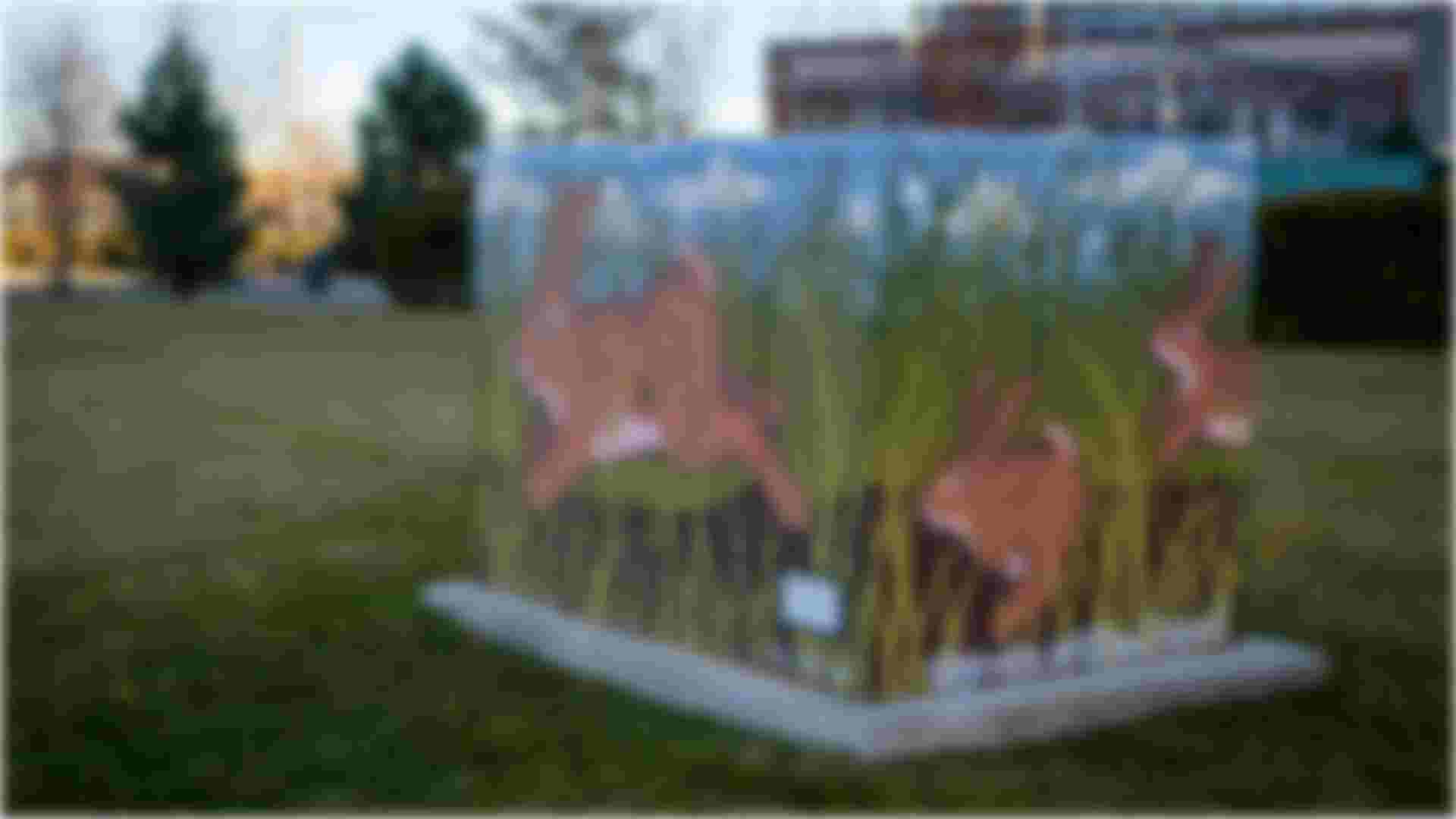 A painted utility box in 195 District Park of a family of rabbits running in tall grass.