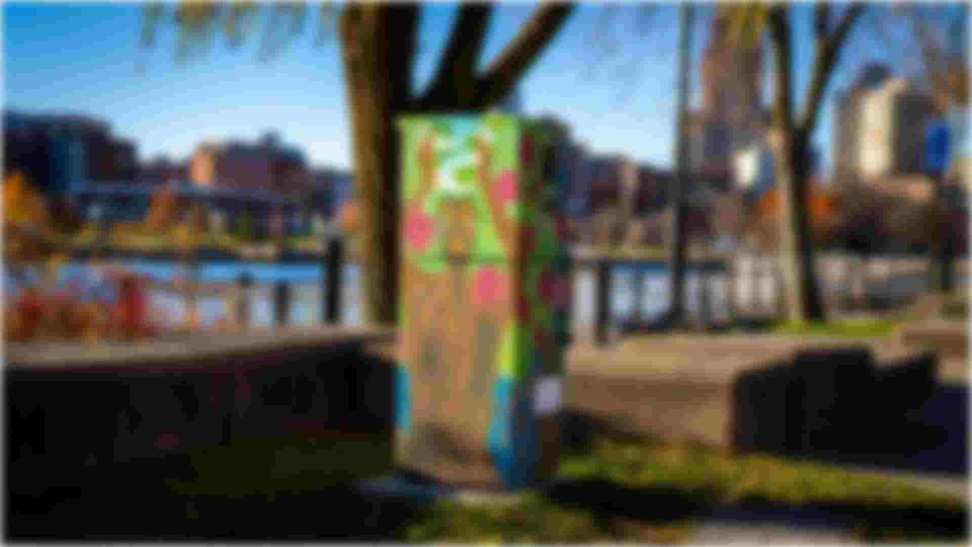 Painted utility box featuring a tree with a face, flowing wood-grain lines, and red flowers stands along a riverside walkway, framed by bare trees, autumn foliage, and a city skyline in the background under a clear blue sky.